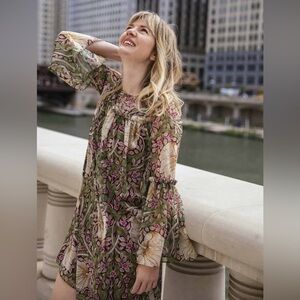 Morris & Co x H&M Botanical Floral Long Flare Sleeve Mini Shift Dress Ruffle 10